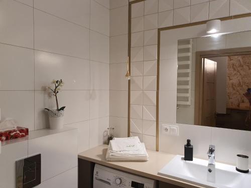 Un baño blanco con lavabo y espejo. en Apartament Słoneczny 28 Słoneczna Dolina, en Jastrzębia Góra