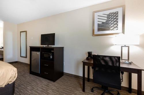 a hotel room with a bed and a desk with a television at Quality Inn & Suites Metropolis I-24 in Metropolis