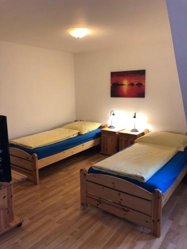 a room with two beds and a tv in it at Gutshaus Bliesekow in Bliesekow