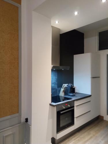 une cuisine avec un évier et une cuisinière dans l'établissement Centre gare, à Saint-Dié-des-Vosges