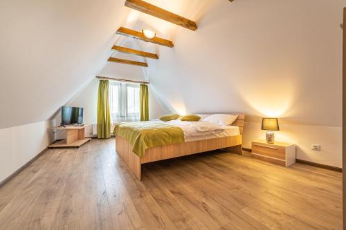 een slaapkamer met een bed en een televisie op zolder bij Manuela Residence in Braşov