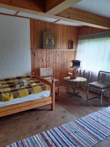 a bedroom with a bed and a chair and a table at Brīvdienu lauku māja Budnieki in Akmeņdziras