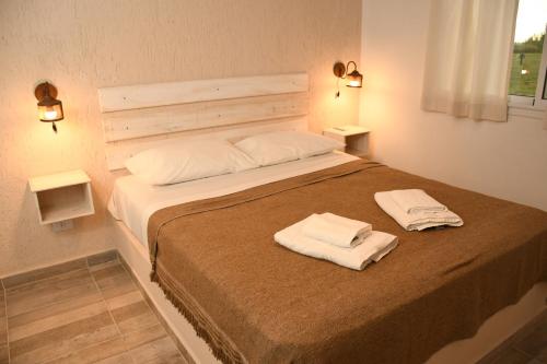 een slaapkamer met een groot bed en handdoeken bij Cabañas Viento Andino in San Rafael