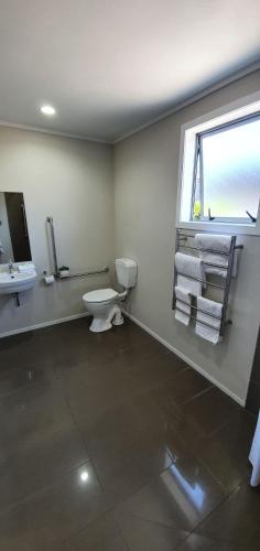 a bathroom with a toilet and a sink and a window at Aspree Motor Inn in Palmerston North