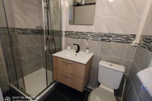 a bathroom with a shower and a toilet and a sink at L'unique T2 Creil Gare à 25 min de Paris in Creil