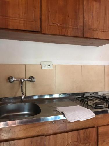 a kitchen counter with a sink and a stove at El Pindo Iguazu in Puerto Iguazú