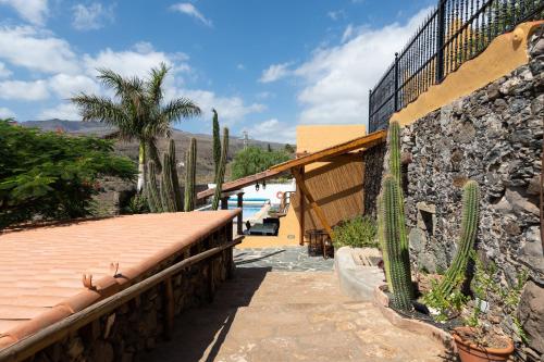a house with a stone wall and a cactus at Villa la Atlantida in Ingenio