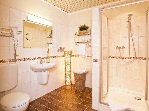 ein Bad mit einem WC, einem Waschbecken und einer Dusche in der Unterkunft Hotel am Pferdemarkt in Rotenburg an der Wümme