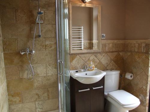 a bathroom with a toilet and a sink and a shower at Hotelik Hermes in Pieniężno