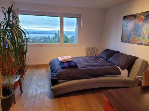 ein Schlafzimmer mit einem Bett und einem großen Fenster in der Unterkunft 3-bedroom apartment with spectacular view in Neuenburg