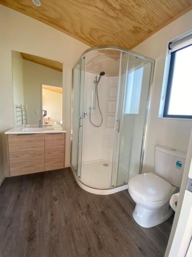 uma casa de banho com um chuveiro e um WC. em Country Retreats on Ranzau 3 em Nelson