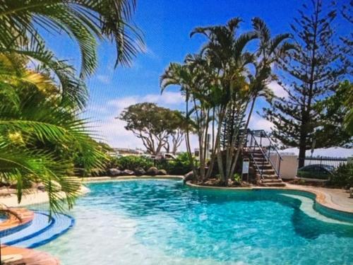 Just Perfect Apartment with Ocean Views في كالوندرا: مسبح بزحليقة والنخيل