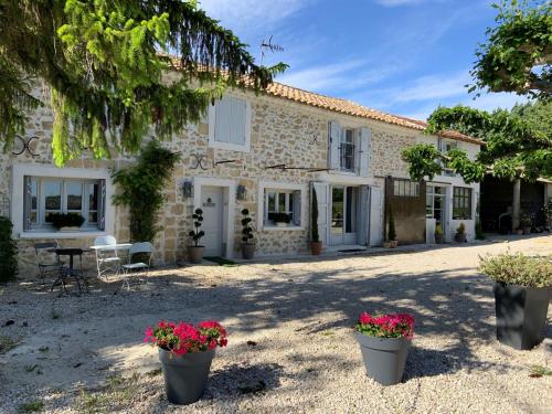 a stone house with potted plants in front of it at Appt 2 pieces dans Mas provençal in Roquemaure