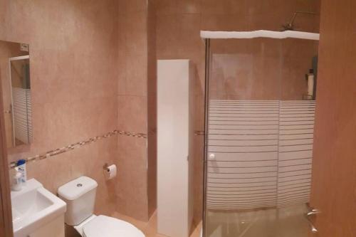 ein Bad mit einem WC und einer Glasdusche in der Unterkunft COZY Apartment In The Heart of Alicante! in Alicante