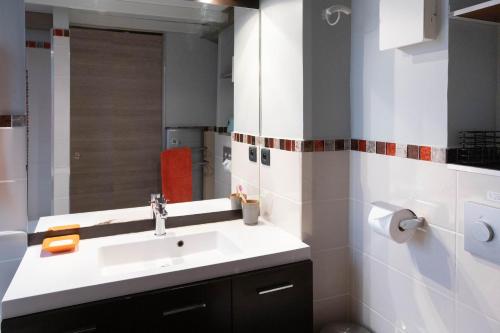 une salle de bain avec un lavabo et un miroir dans l'établissement R-SEVEN - Cosy - bien situé, à Vichy