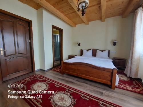 a bedroom with a bed and a wooden door at Pensiunea Valea Branzei in Năneşti