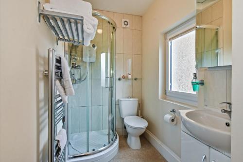 a bathroom with a shower and a toilet and a sink at York Apartment Conway Cottage in York