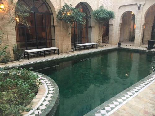 a swimming pool in a building with benches in it at Dar Tozeur in Tozeur