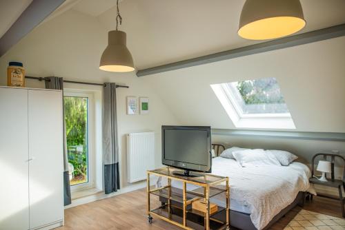 a bedroom with a bed and a tv on a table at DC's Home in Meise