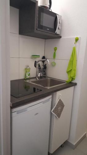 une petite cuisine avec un évier et un micro-ondes dans l'établissement JINA, à Strasbourg