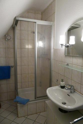 a bathroom with a shower and a sink at Ferienhaus Lütsche in Frankenhain