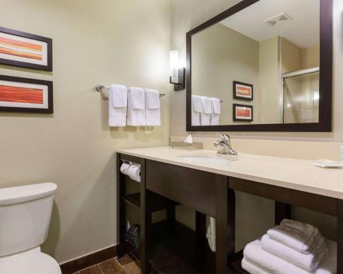 a bathroom with a sink and a mirror and a toilet at Comfort Suites near Westchase on Beltway 8 in Houston