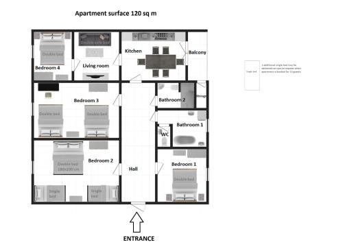 una pianta del pavimento di un'unità aominica con diagramma di Spacious Apartments Zyblikiewicza Street a Cracovia