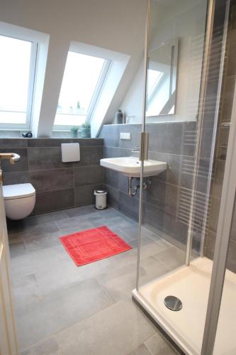 a bathroom with a shower and a sink at Haus Longholmen in Ording