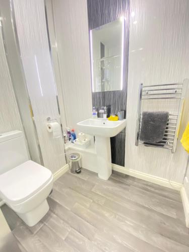 La salle de bains est pourvue de toilettes blanches et d'un lavabo. dans l'établissement Paisley Central Apartment #2, à Paisley