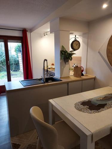 - une cuisine avec un évier et une table dans l'établissement Residence du Vieux Chateau jardin & parking gratuit, à Mulhouse