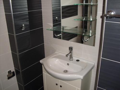 a bathroom with a sink and a glass shelf at Family Hotel Malibu in Chernomorets
