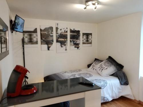1 dormitorio con 1 cama con escritorio y cuadros en la pared en STUDIO calme à Valadon, en Limoges