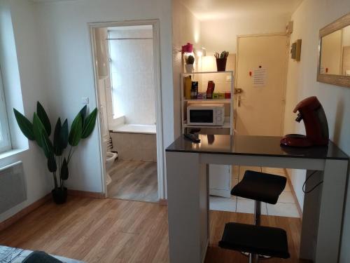 Habitación con escritorio, microondas y baño. en STUDIO calme à Valadon, en Limoges