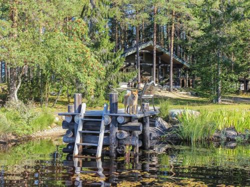 un chien debout sur un quai au-dessus d'un étang dans l'établissement Holiday Home Hamppulahti by Interhome, à Lentiira