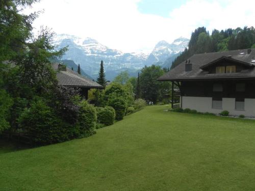 un ampio cortile con una casa e montagne sullo sfondo di Apartment Ammerten A17 by Interhome a Lenk