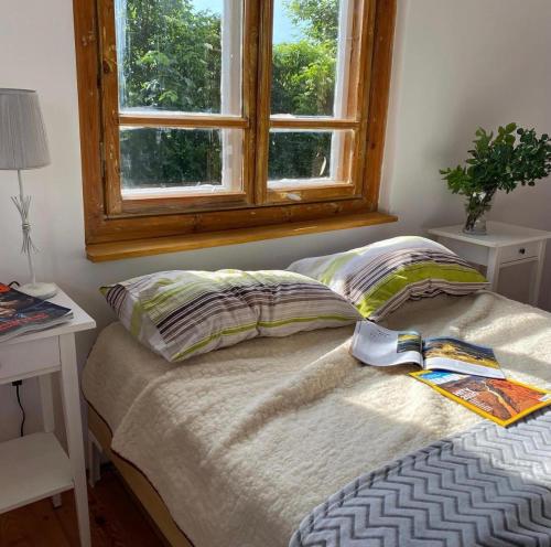 a bedroom with a bed with two pillows and a window at Moje Podlasie - Dom w Siemichoczach in Siemiatycze