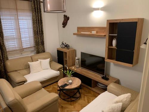 a living room with a couch and a tv at Apartment Abba in Kali