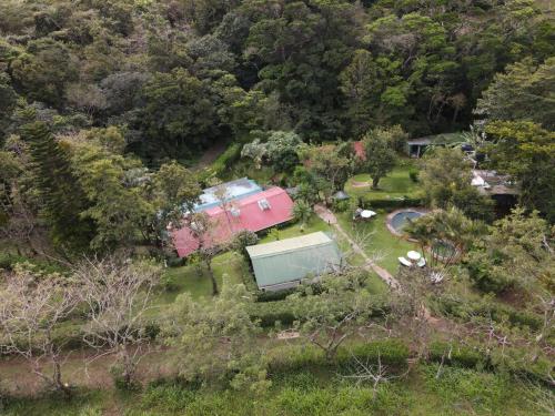 an aerial view of a house in the middle of a forest at Pochote Lodge in Hacienda Guayabo