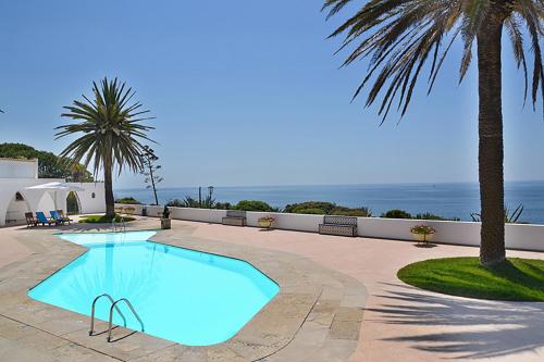 a swimming pool with a palm tree and the ocean at Casa Três Palmeiras in Portimão