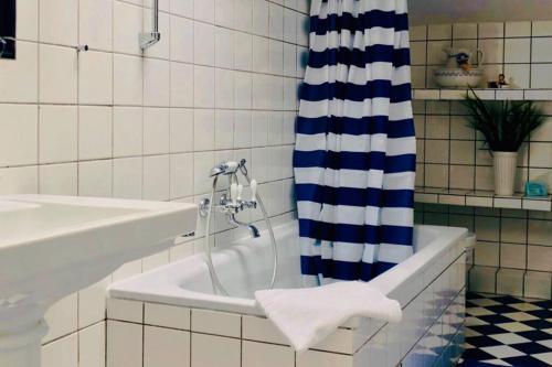 a bathroom with a tub and a shower curtain at APARTMENT Gästehaus Schloss Bothmer in Schwarmstedt