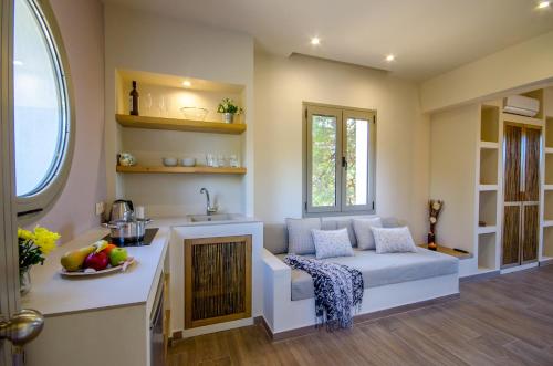 a living room with a couch and a fireplace at Forest Resort Suites Skiathos in Troulos