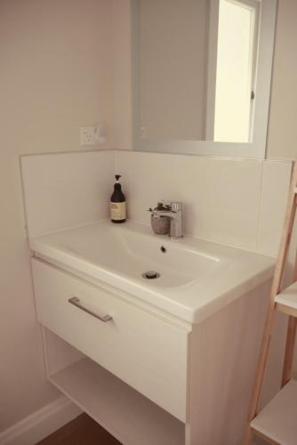 W łazience znajduje się biała umywalka i lustro. w obiekcie Apartment on St Georges w mieście Havelock North