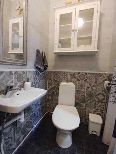 Un baño con un inodoro blanco y un lavabo. en Wanha kunnantalo, en Pudasjärvi