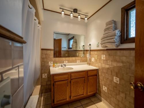uma casa de banho com um lavatório e um espelho em Lake 'N Pines Motel em Cooperstown
