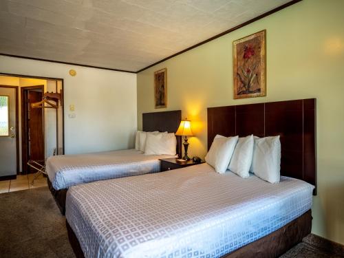 a hotel room with two beds and a lamp at Lake 'N Pines Motel in Cooperstown