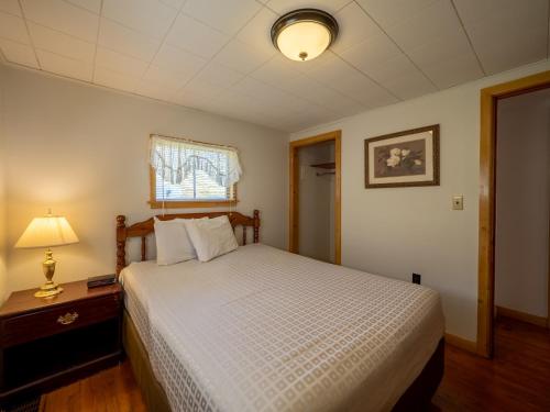 a bedroom with a bed and a lamp and a window at Lake 'N Pines Motel in Cooperstown