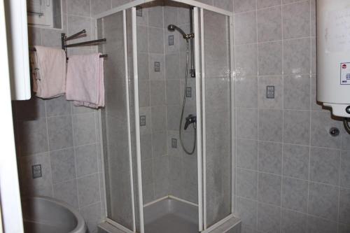 a shower with a glass door in a bathroom at Pine Wood Apartment 6 in Zalakaros