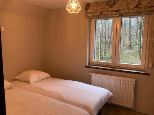 een slaapkamer met 2 bedden en een raam bij Au Bois de Rosée in Florennes