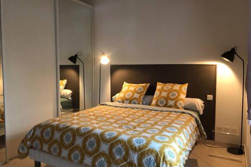 une chambre avec un grand lit et un grand miroir dans l'établissement Maison entière au pied du plateau du retord 2 chambres SDB - Vouvray, à Ochiaz