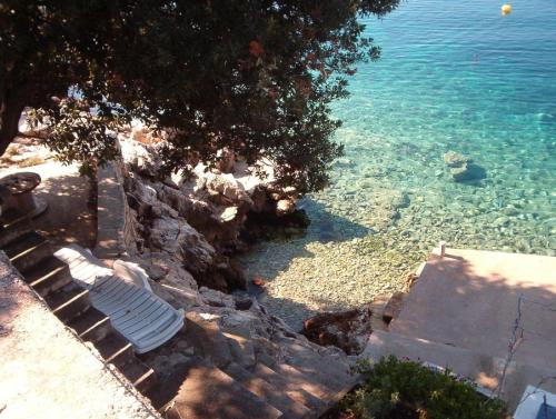 a bench sitting next to the clear blue water at Apartments Morgen in Brna